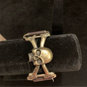 Gold/Brass Skull Bracelet Brown Velcro Adjustable Band